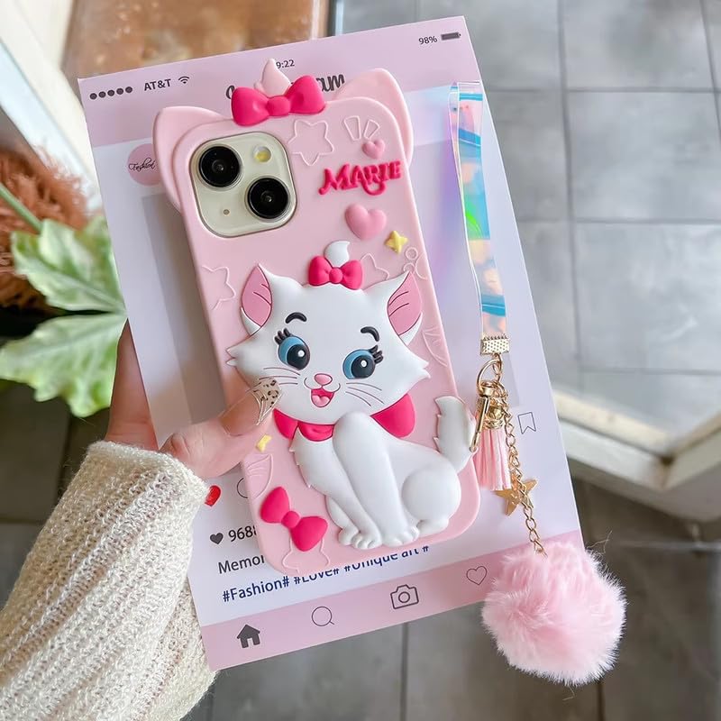 Image of COVERLY for Apple iPhone 12 Pro 3D Marie Kitty Bow Cartoon Case,Premium Silicone Case with Charm Hair Ball Furr Pendant Adorable Cat Cool Full Protective Cute Kawaii Aesthetic Cover,Pink