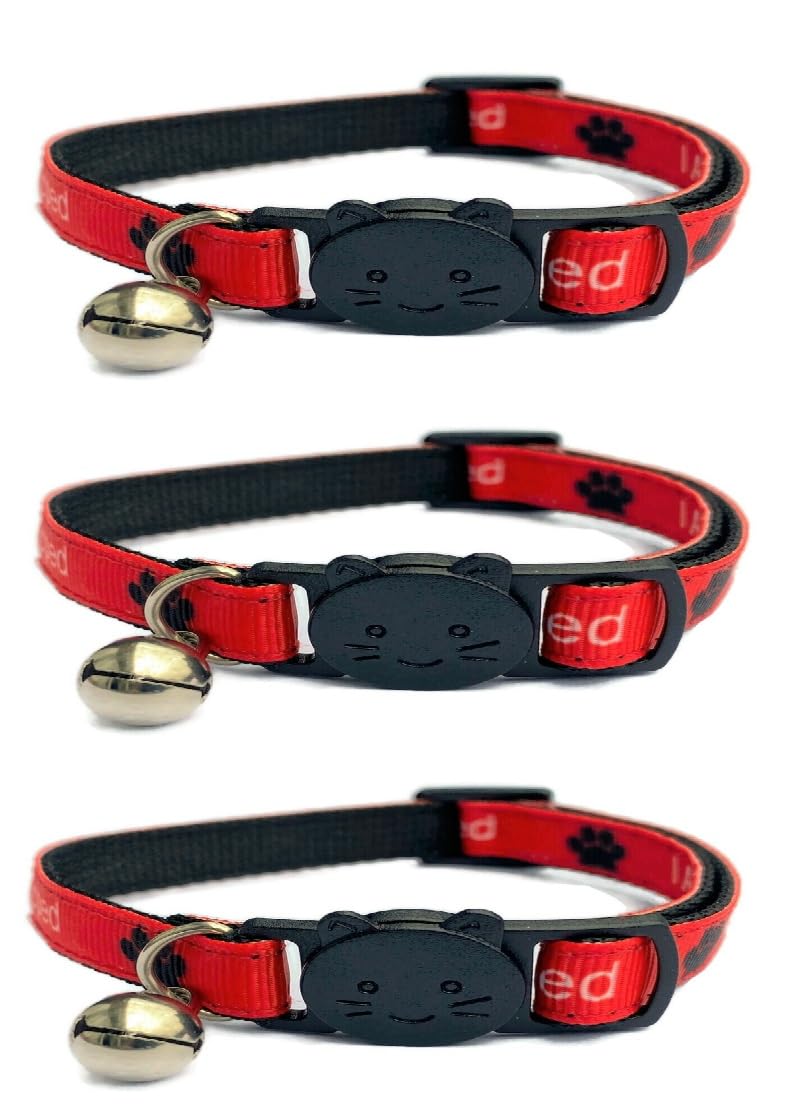 Worded Cat Collars with Bell - Please Do Not Feed Me, I Am Microchipped, 3. Red, I Am Microchipped, Pack of 3