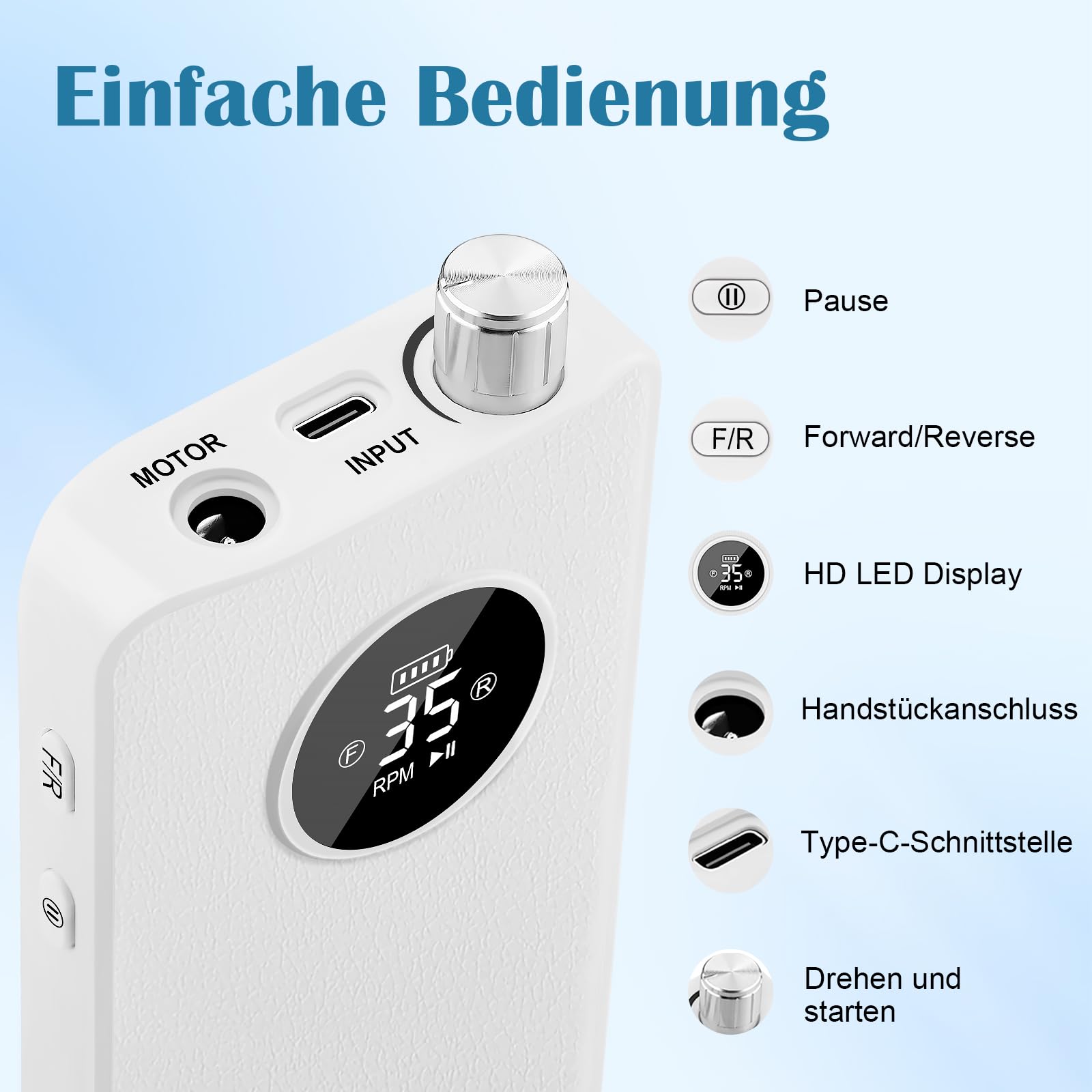Nagelfräser 35000RPM für Gelnägel, Wiederaufladbarer Elektrischer Nagelfräser mit LED-Anzeige, Tragbar, Geräuscharm, Professionelles Maniküre- und tragbares nagelfräser klein, 48W, Weiß