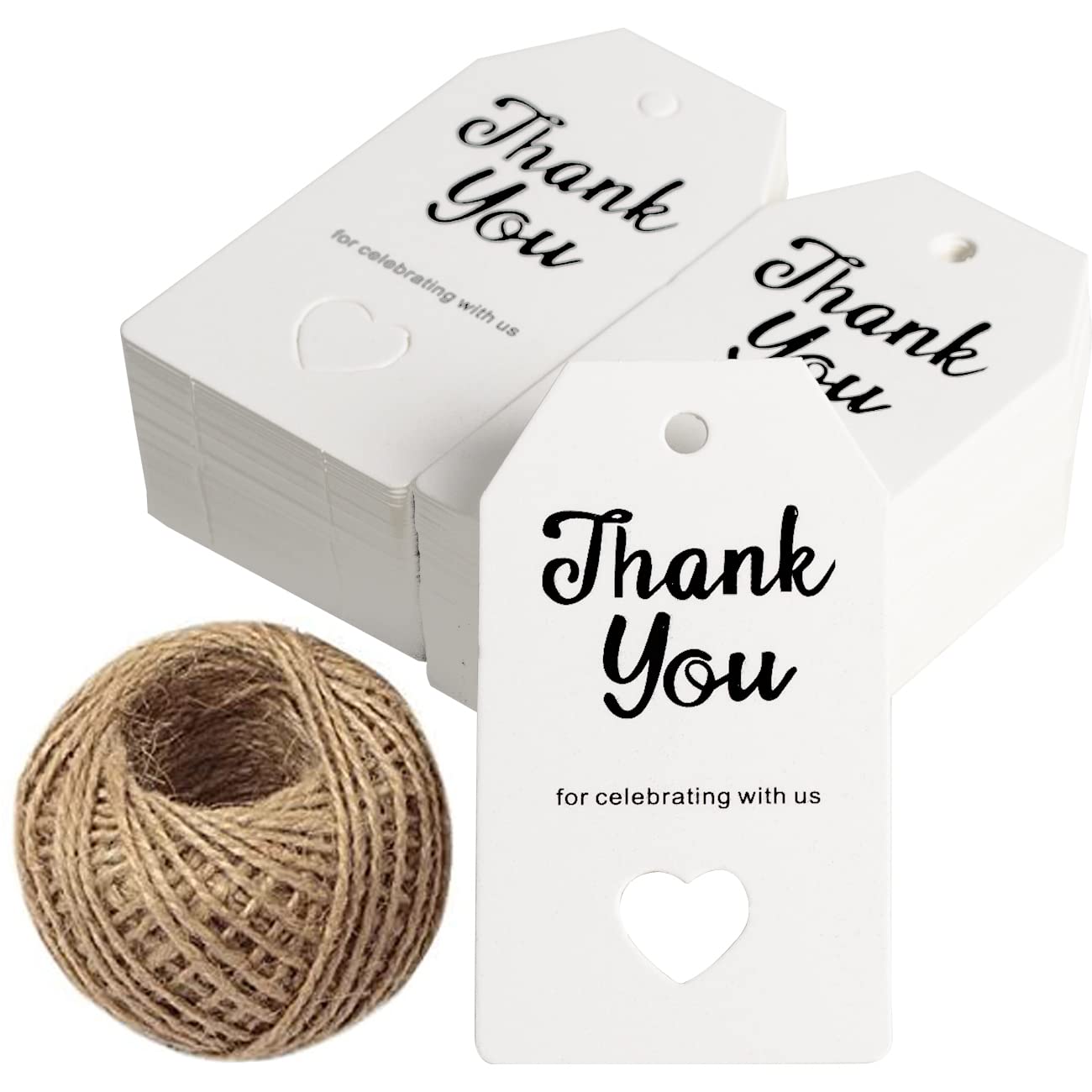 Photo 1 of Thank You for Celebrating with Us Tags, 100pcs White Paper Gift Tags with Natural Jute Twine Perfect for Wedding Birthday Baby Shower Party Favors White-2   3 ITEMS