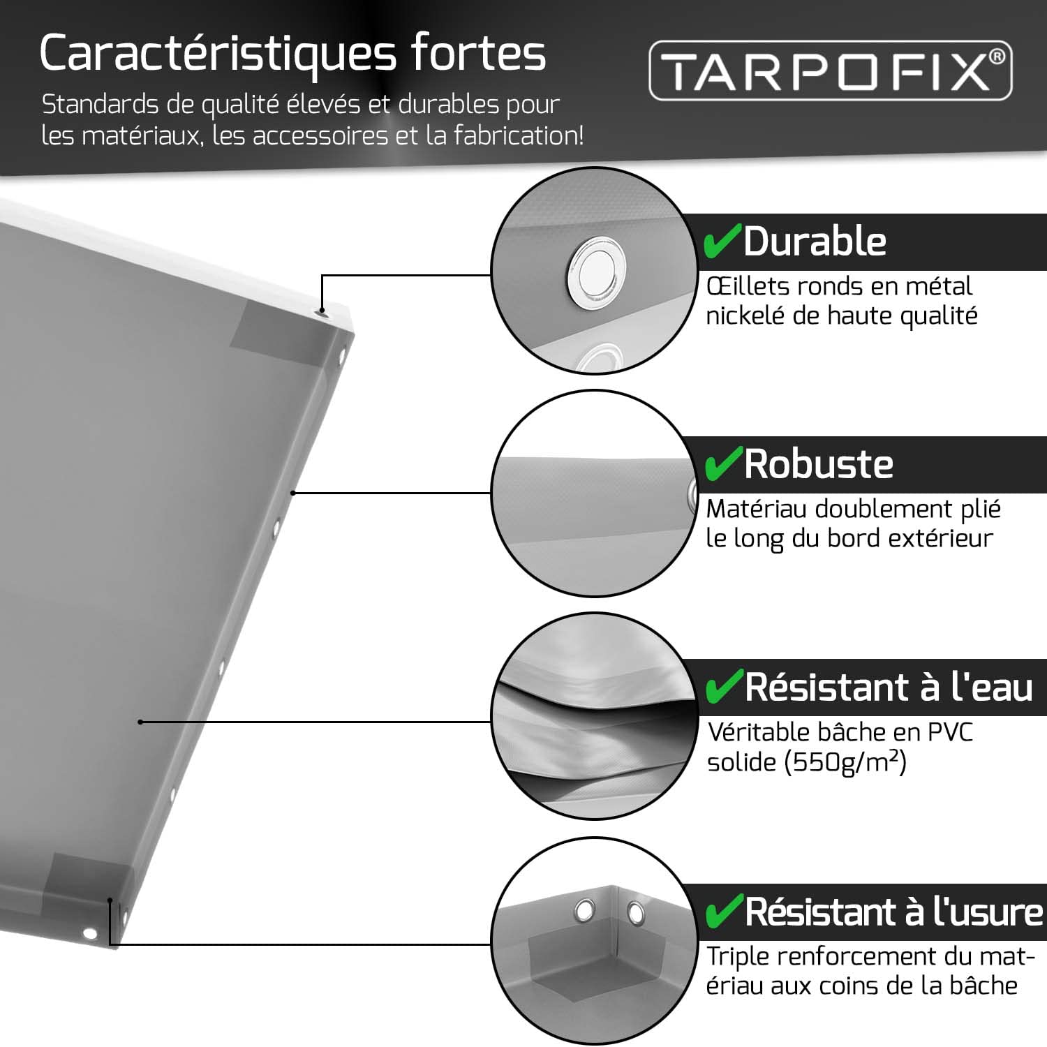 Tarpofix® Bâche pour remorque Plate 209 x 115 x 10 cm + 1x Arceau de bâche (réglable 100-145 cm) - Bache remorque PVC - Bâche de Couverture pour diverses remorques de Voitures de 750kg