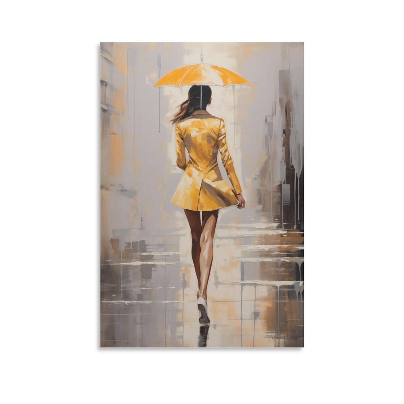 AYAROS Abstract Woman Umbrella Wall Art Canvas Poster Yellow Suit Woman on The Street Wall Decor Poster Dormitory Decor Painting Art Unframed 16x24 inch