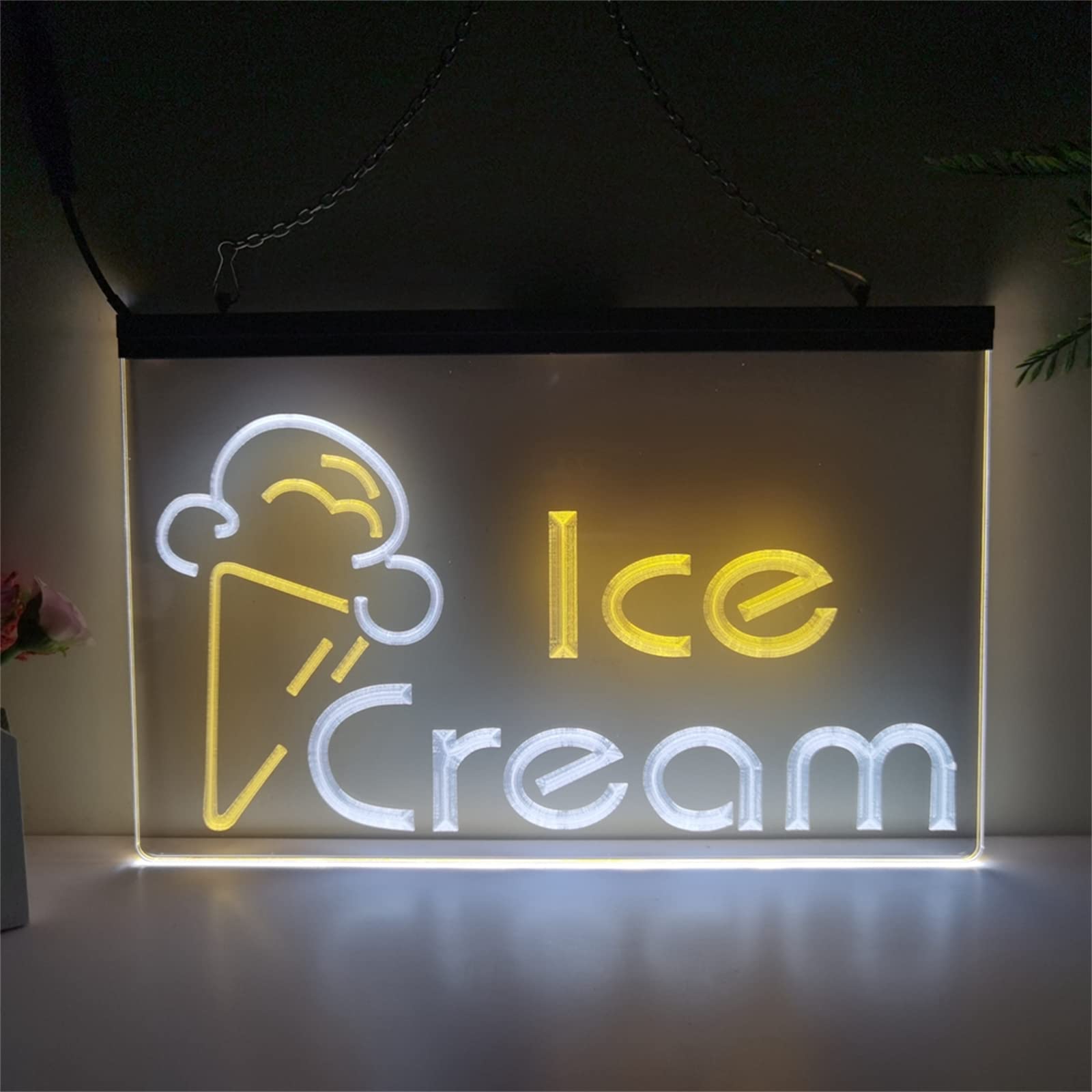 REWIS Ice Cream LED Neon Signs, USB Powerd 3-Level Dimming Neon Lights, for Ice Cream Shop Hanging Signboard,White Yellow,30x20cm