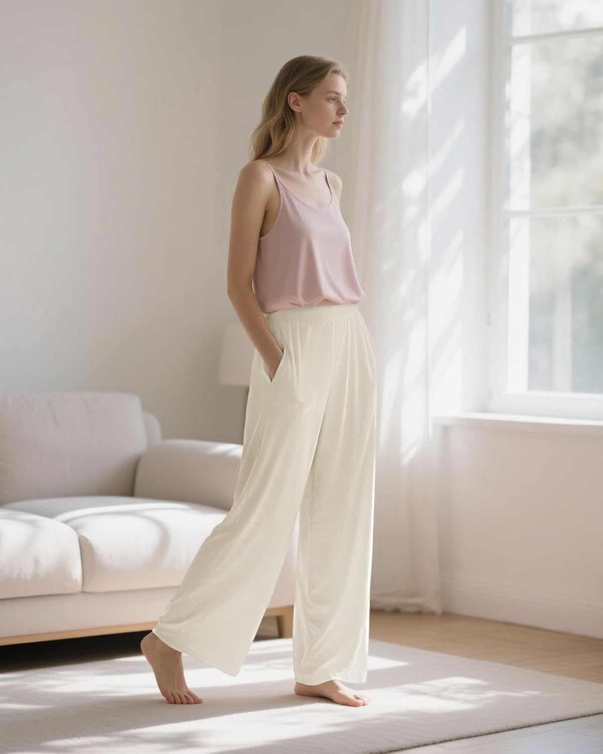 Pantalons de Yoga Taille Haute Pantalon Stretch Taille Haute à Jambes Larges avec Poches(XL)