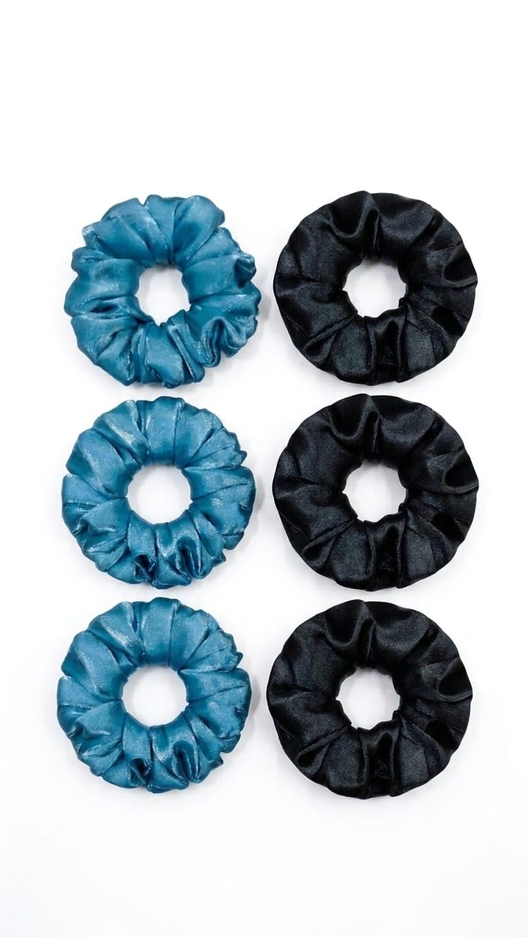 AV Shine Enterprise Premium Scrunchies Pack of 6 for Women & Girls – Combo Set of 3 Blue Organza & 3 Black Synthetic Satin Hair Bands-picture-10