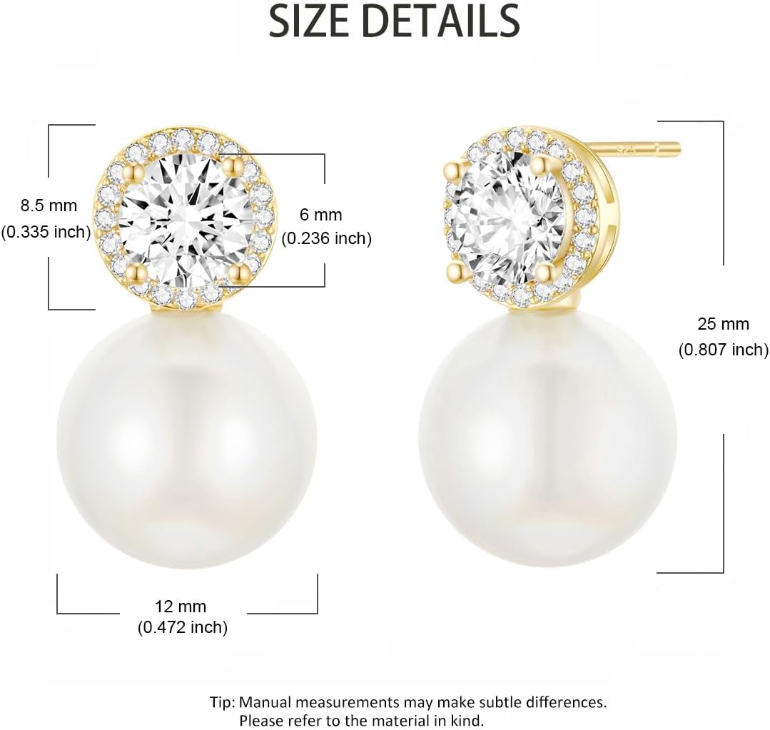 Pearl Earrings 925 Sterling Silver Post Bridal Wedding Halo Cubic Zirconia 12MM Pearl Stud Earrings Hypoallergenic for Women - Image 6