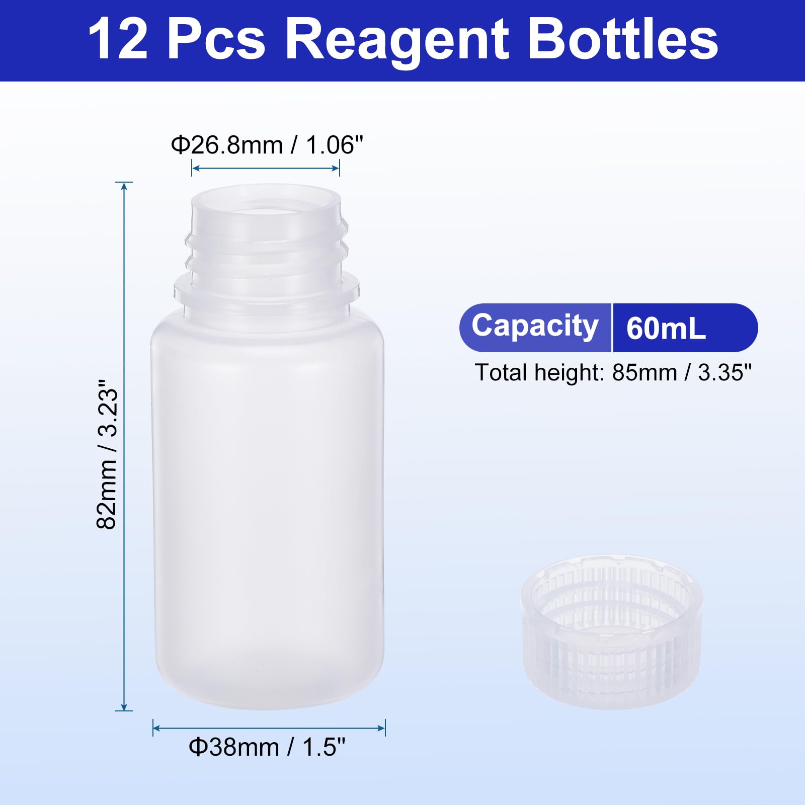 PATIKIL 12Pz 60ml Bottiglie Reagenti, Bottiglie a Bocca Rotondo Larga PP Tappo Vite per Conservazione Acqua Liquidi e Campioni Solidi Contenitore da Laboratorio, Bianco Traslucido