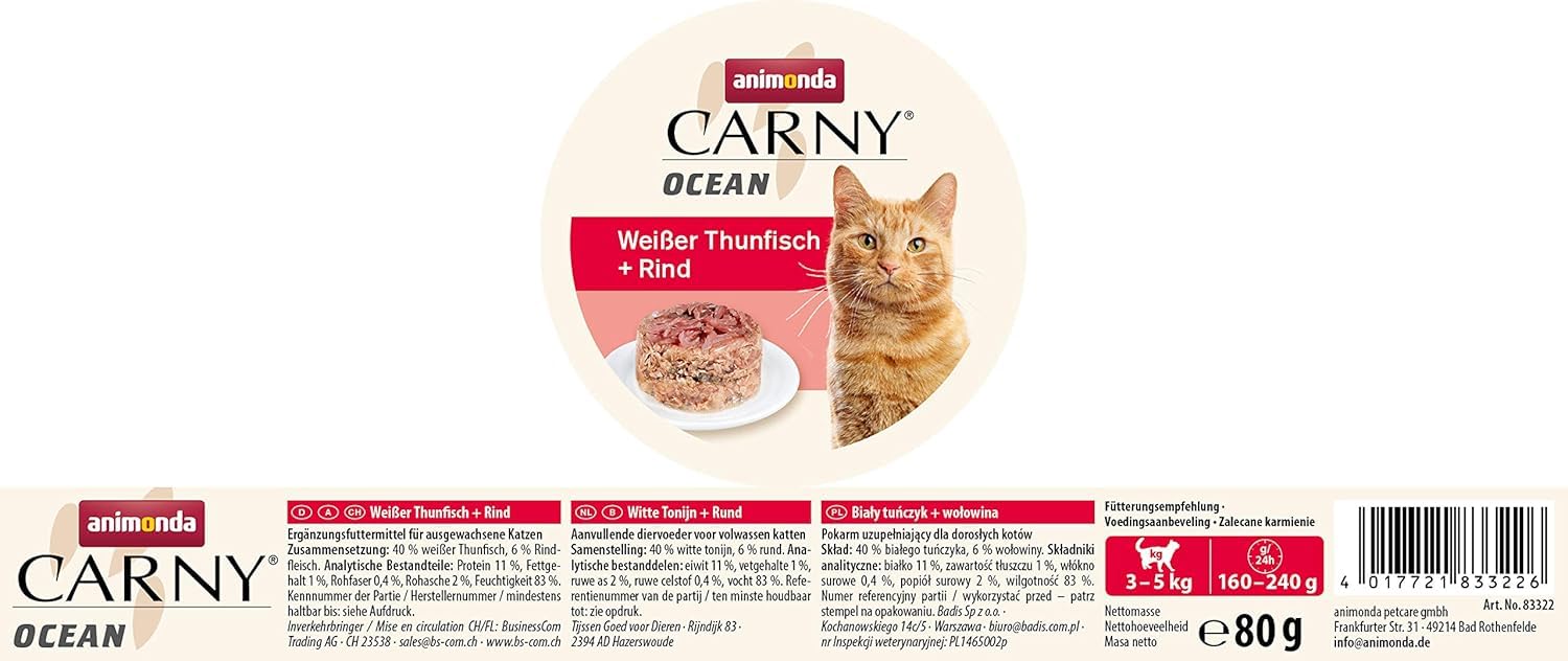 animonda Carny Ocean karma dla kotów, mokra karma dla kotów, tuńczyk biały + wołowina, 12 x 80 g