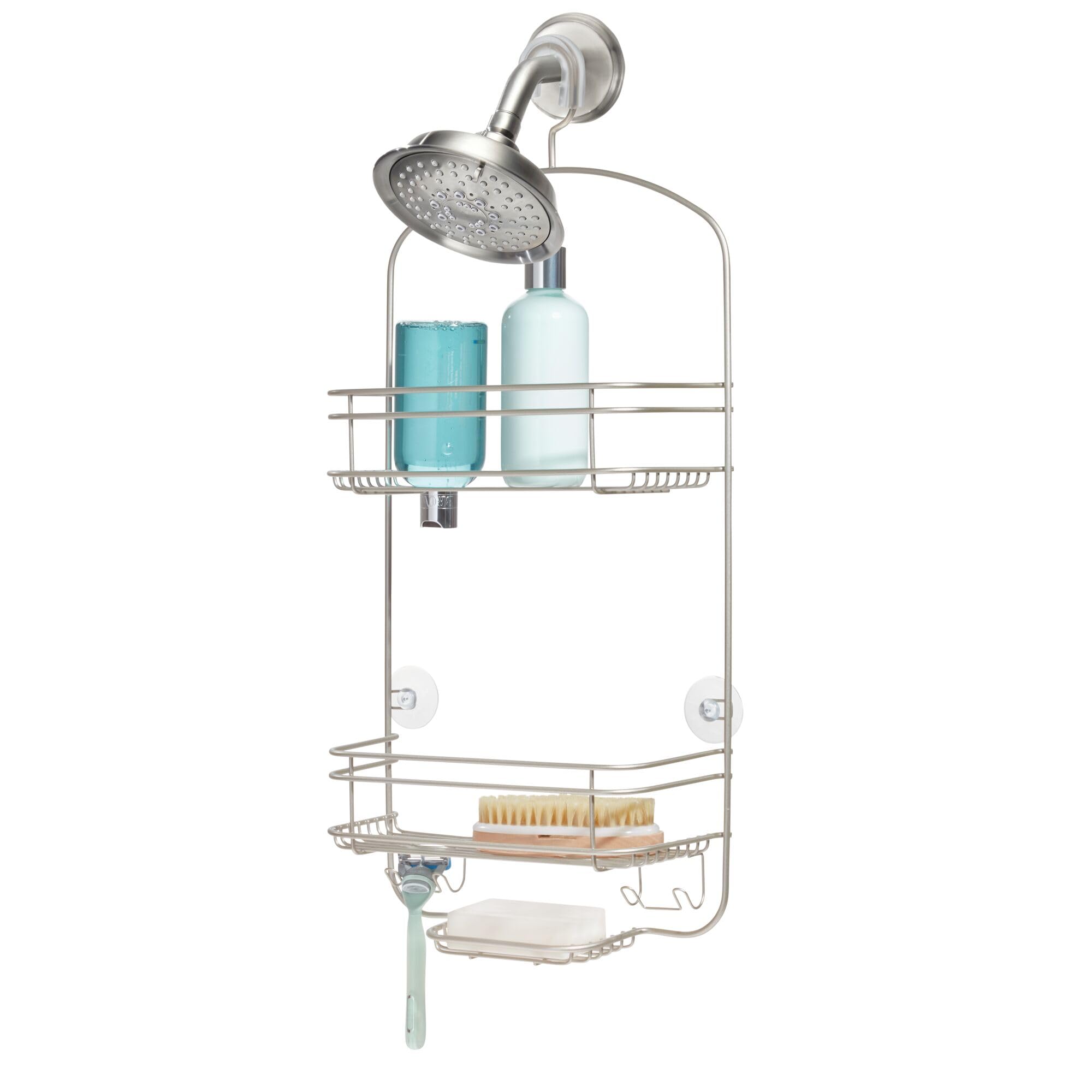 iDesign Hanging Shower Caddy with Shelves Soap Dish Hooks No-Drill Organizer for Over Shower Head Satin