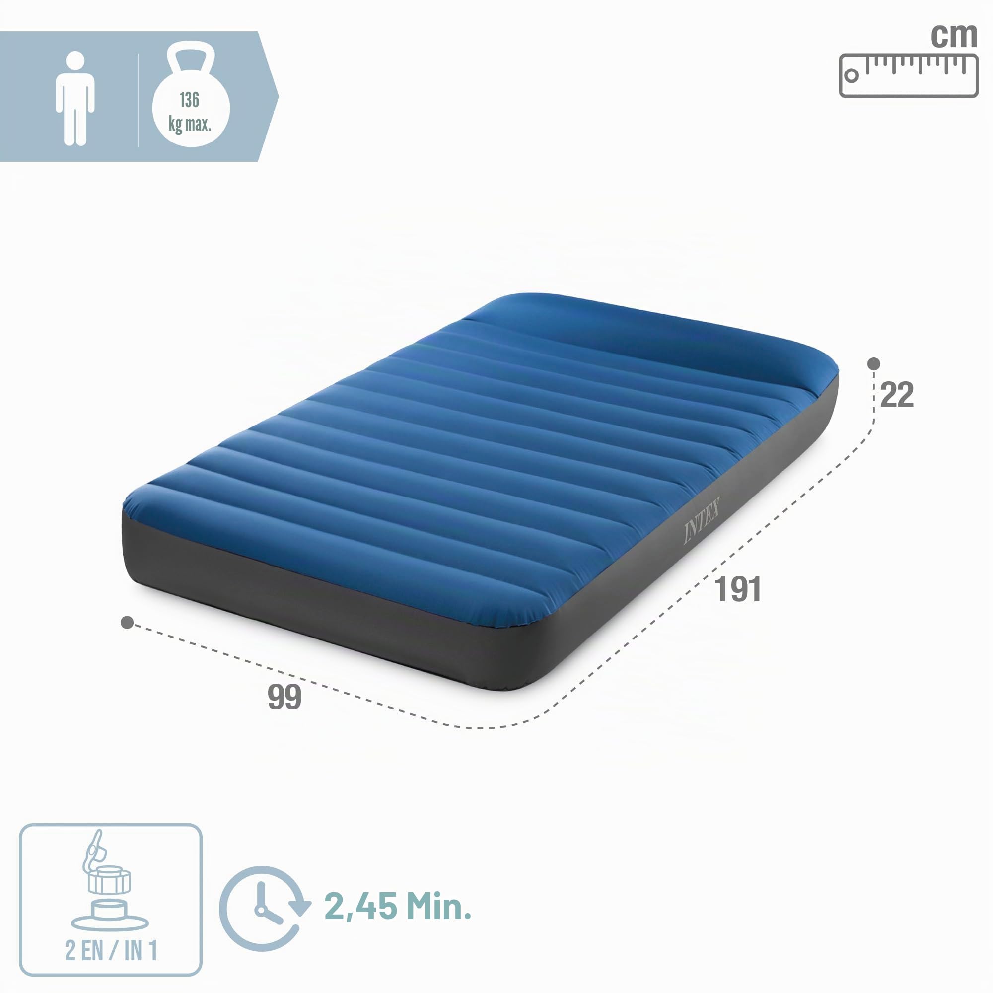 Intex Twin Dura-Beam Premaire Campingmatratze mit USB 150, aufgeblasene Größe: 99 cm x 1,91 m x 22 cm (64011) (Packung mit 2)