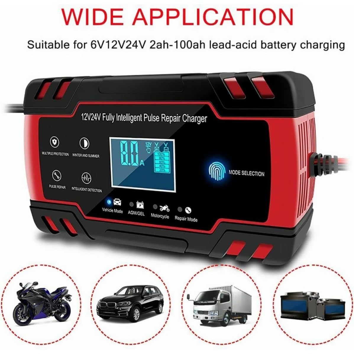 Cargador de Batería para Coche y Moto Inteligente con Pantalla, Reparación por Impulsos y Protección Total para Vehículos y Motocicletas