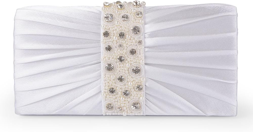 Women’s Evening Clutch Bag Stain Beaded Large Wedding Purse Bridal Prom handbag (White)