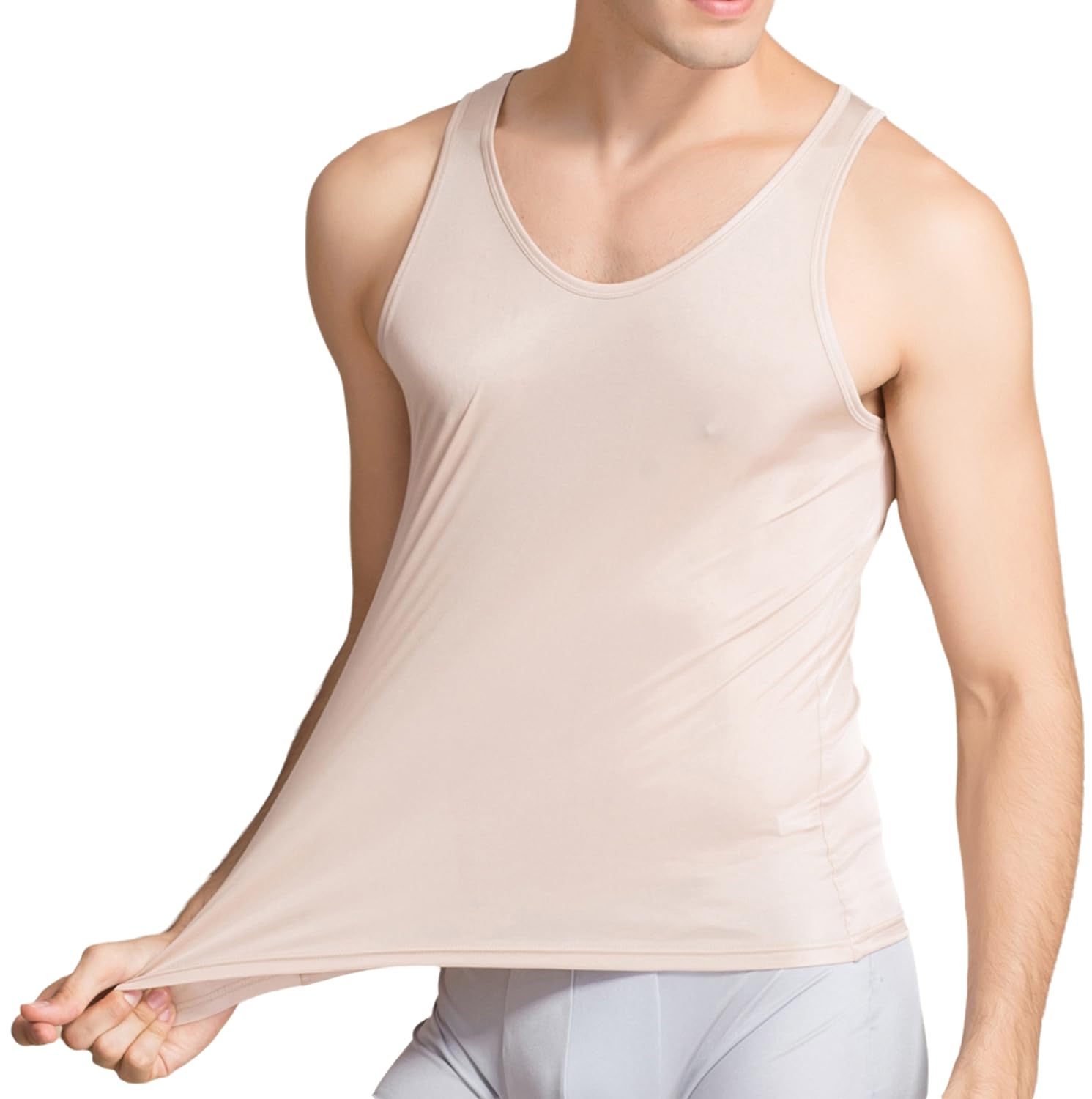 Camiseta sin mangas de seda para hombre, camiseta interior de seda de morera, para gimnasio, ajustada, para entrenamiento, camisola sin mangas