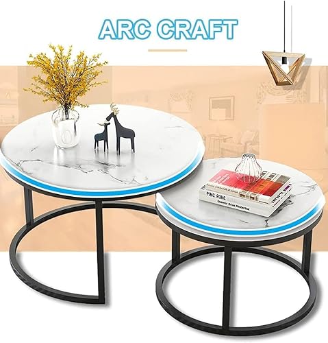 Miniatura 2 de Mesa - Juego de 2 mesas de centro redondas con parte superior de mármol sintético, mesa auxiliar moderna d metal e esquina anidable mesa de cóctel