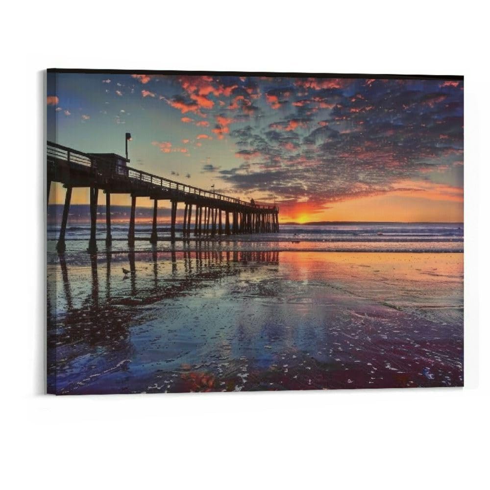 BCIIG Large Canvas Wall Art Print Picture Sunset at Crystal Pier Pacific Beach San Diego California Stretched & unFramed Painting Poster Artwork Wall Decor Living Room Ready to Hang 20''x16''
