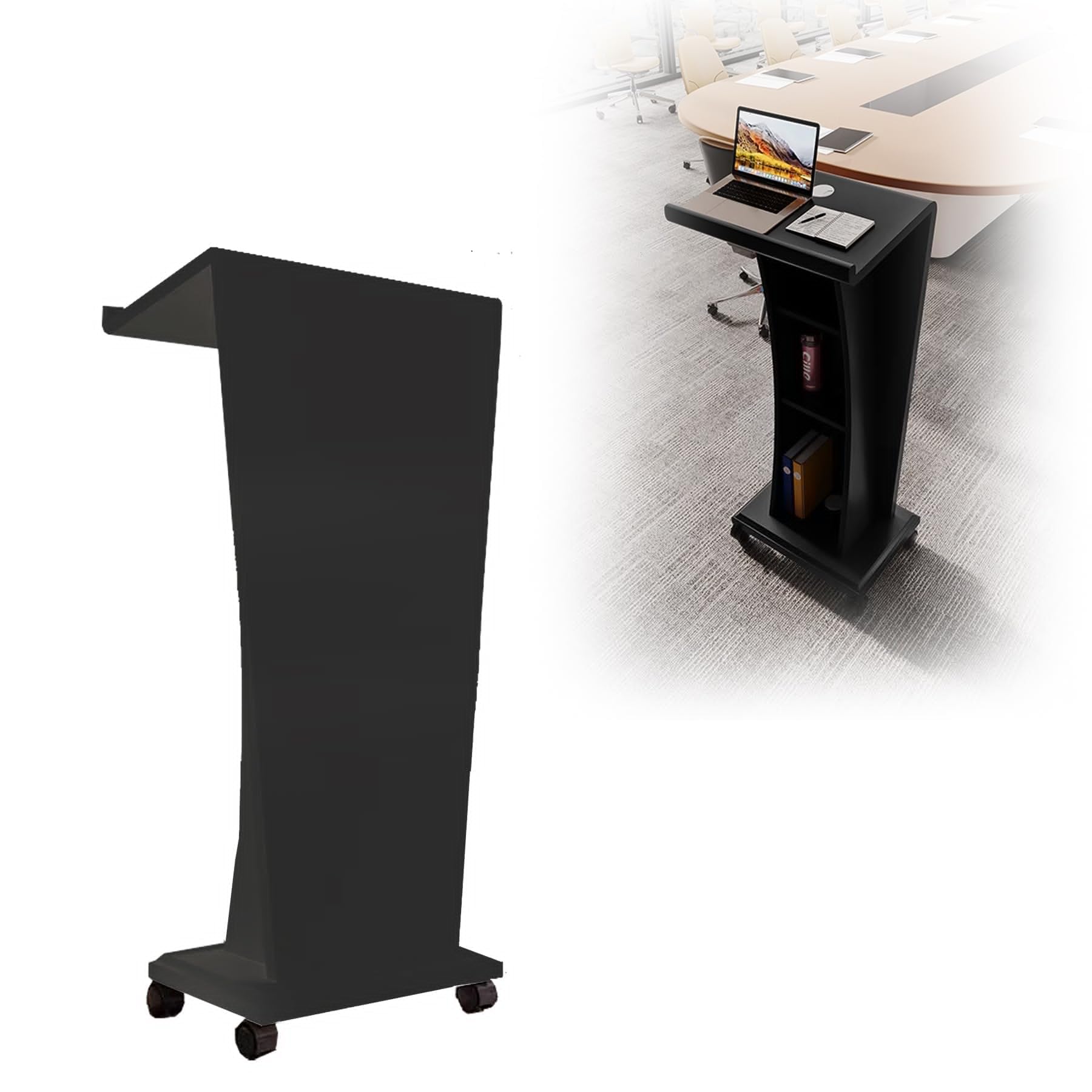 Schwarzes, rollbares Rednerpult aus Holz mit DREI Ablageflächen, ideal für Büro, Empfangsbereich, Bühne und christlichen Gottesdienst, 53 x 33 x 114 cm