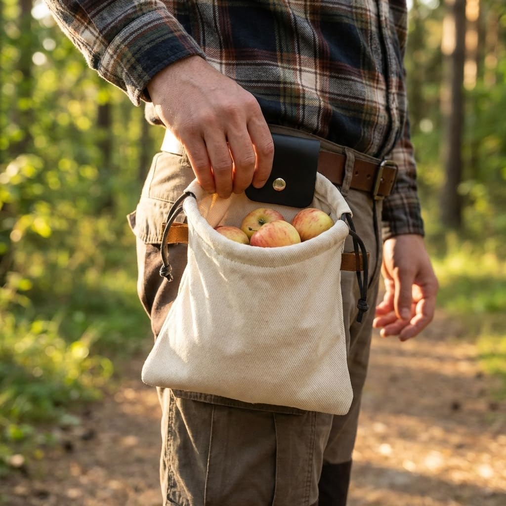 Toprank Leather Foraging Pouch – Collapsible Canvas and Leather Belt Bag for Hiking, Mushroom, Rock & Shell Collecting (Black/Off-White)