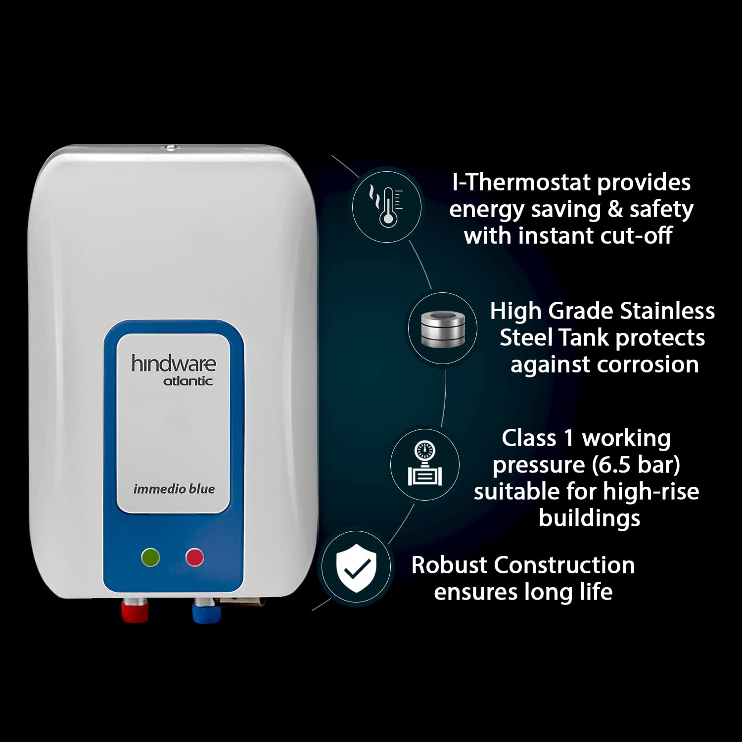 Buy Hindware Atlantic Immedio Blue 3L Instant Water Heater, Stainless Steel  Tank, I-Thermostat Feature u0026 Pressure Release Valve (White u0026 Blue), Wall  Mounting Online at Low Prices in India - Amazon.in