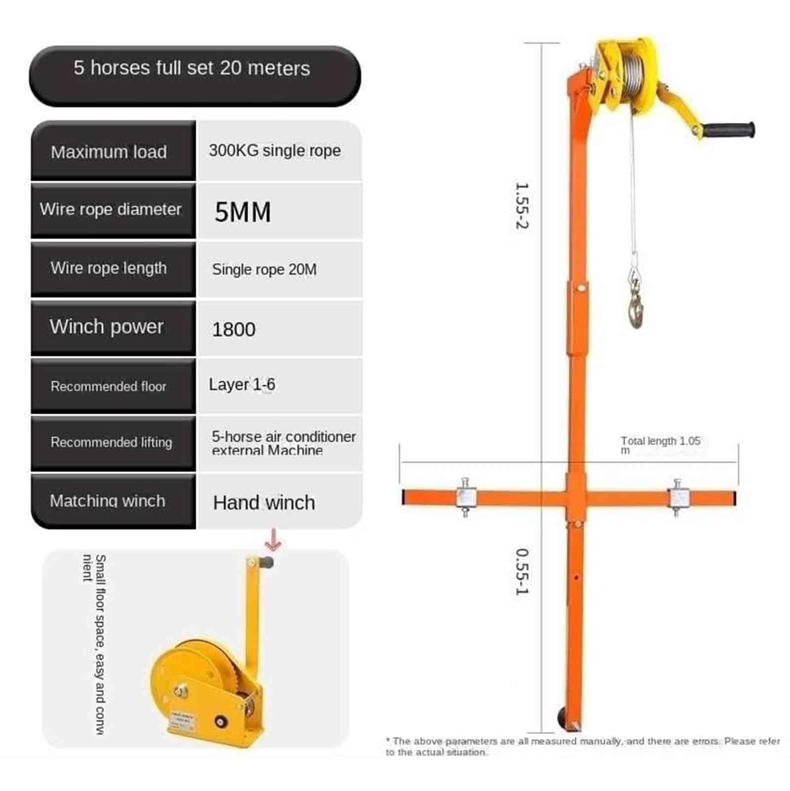 Strumento di sollevamento per carichi pesanti per sistemi di climatizzazione, gru manuale con capacità di 299,8 kg per installazione esterna, altezza 15,7 m