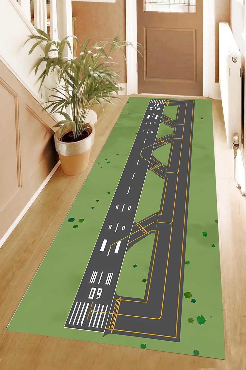 Kuluoits Airport Print Rug, 120x360cm Green Grass Airplane Takeoff Road Kids Long Carpet, Soft Non-Slip Washable Boys Room Decor Mat Kids Cartoon Runner Rugs for Bedroom Game Room Entrance Home Decor