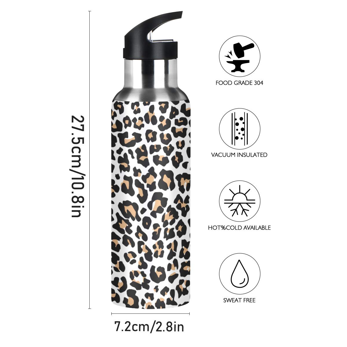 JUMBEAR Brown Leopard Print Water Bottle Acuum Insulated Stainless Steel Leakproof Wide Mouth with Straw Lid for Fitness Gym and Outdoor Sports 22OZ - Image 2