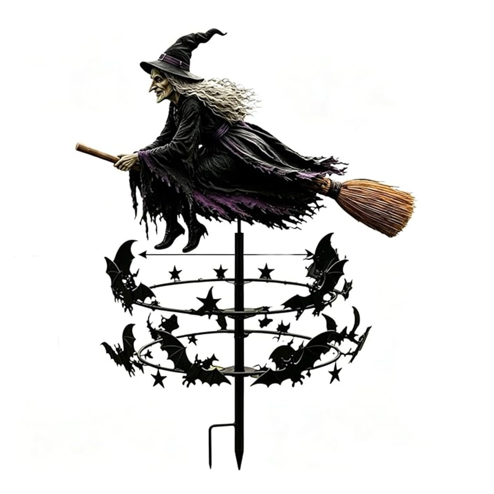 Enchanted Witch Wind Spinner Garden Stake, Magical Witch On Broom Rotatable Metal Wind Spinner, Weatherproof Gothic Yard Art Ornament for Halloween Garden Lawn Patio Pathway Outdoor Decor