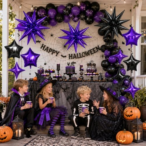 Image of Star Balloons Halloween Balloon Black Purple Explosion Stars Balloon | 22 /18 /10 In Metallic Purple Black Spike Stars Foil Balloon for Halloween Witch Themed Birthday Gradution Party Decorations