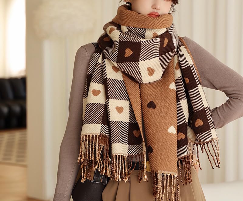 Women Cute Heart Graphic Plaid Scarf Long Large Oversized Shawl Scarf Soft Checkered Wrap Scarves for Valentine's Day2