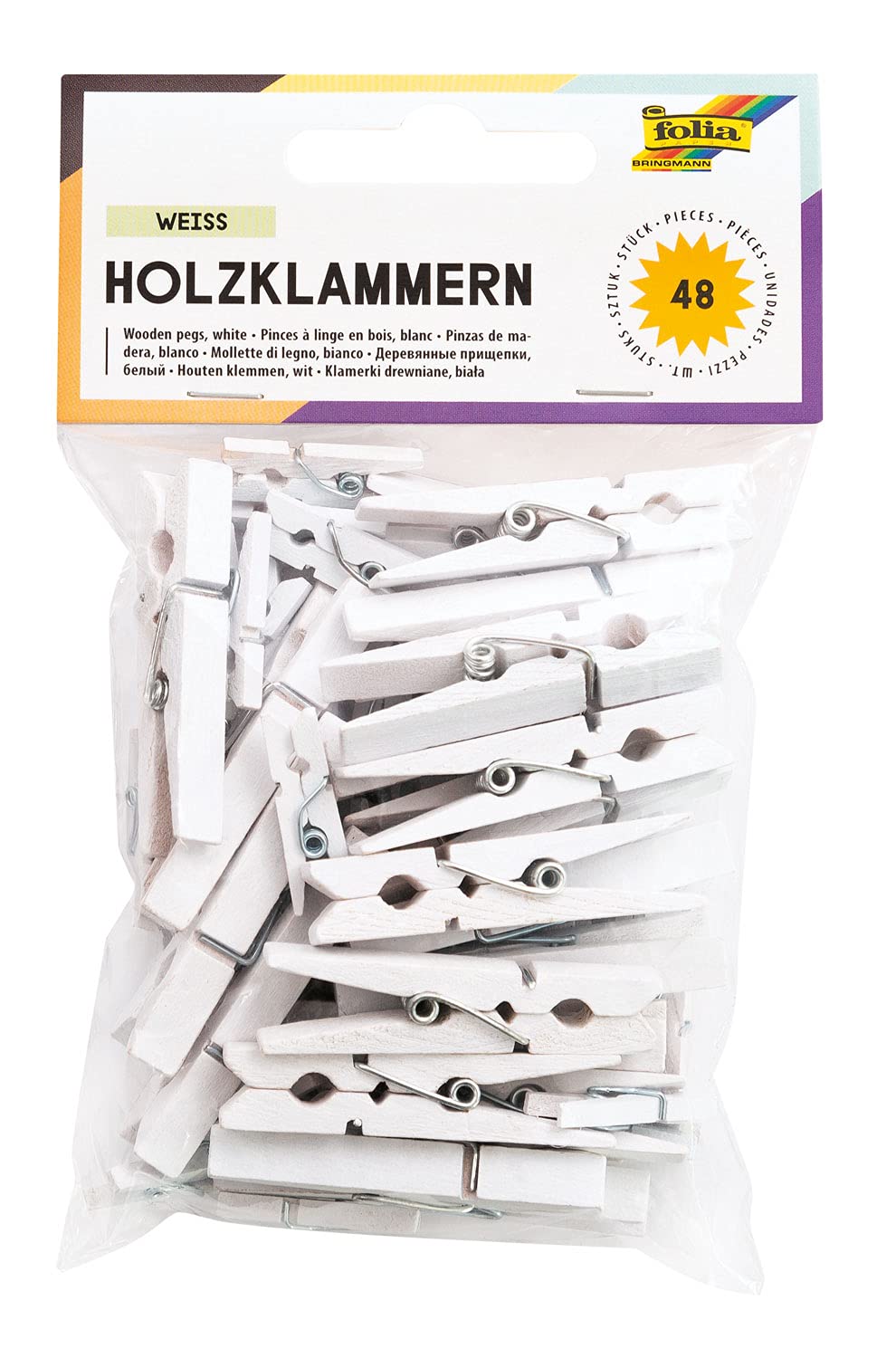 Folia 2293 Wooden Pegs White Pack of 48 Assorted in 3 Sizes Colourful