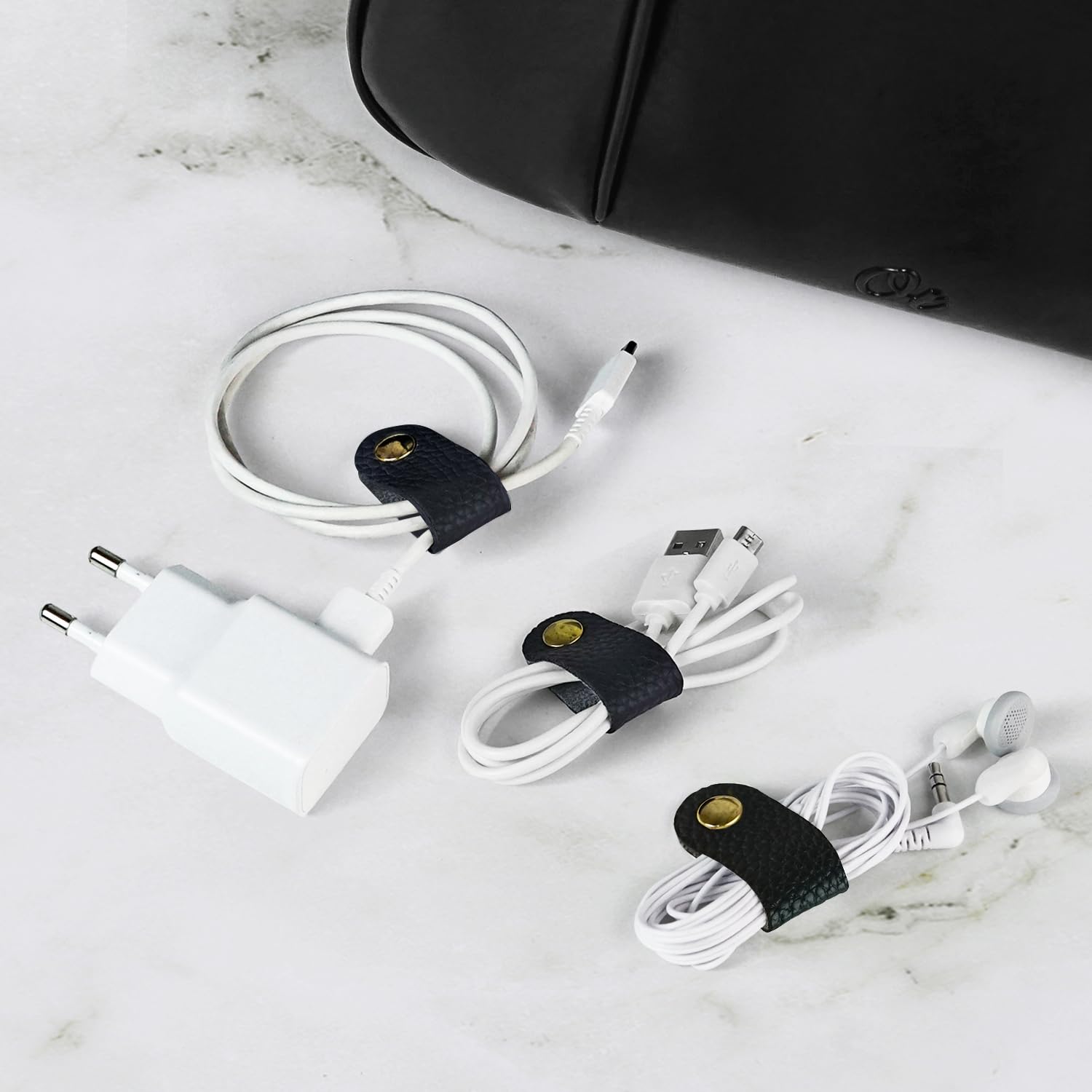 Carrotez Leather Cord Organizer, Cable Organizer for Travel, Cord Keeper, Cable Ties, Cable Straps, Cord Wraps for Charging Cords - 3 pcs (Black)