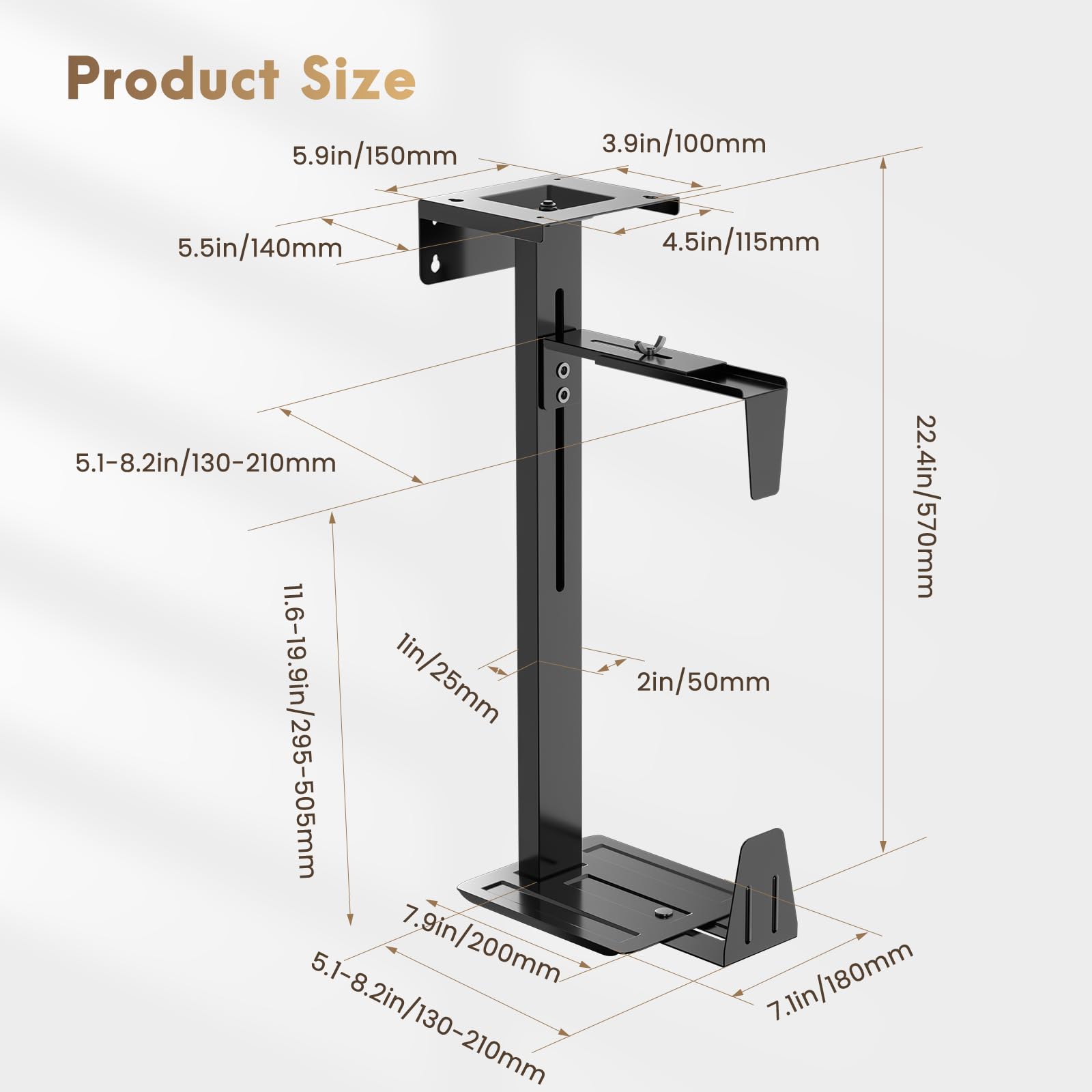 Soporte para PC debajo del escritorio, soporte de CPU ajustable con rotación de 360°, capacidad de carga de 15 kg/33 libras, 2 opciones de montaje (negro)