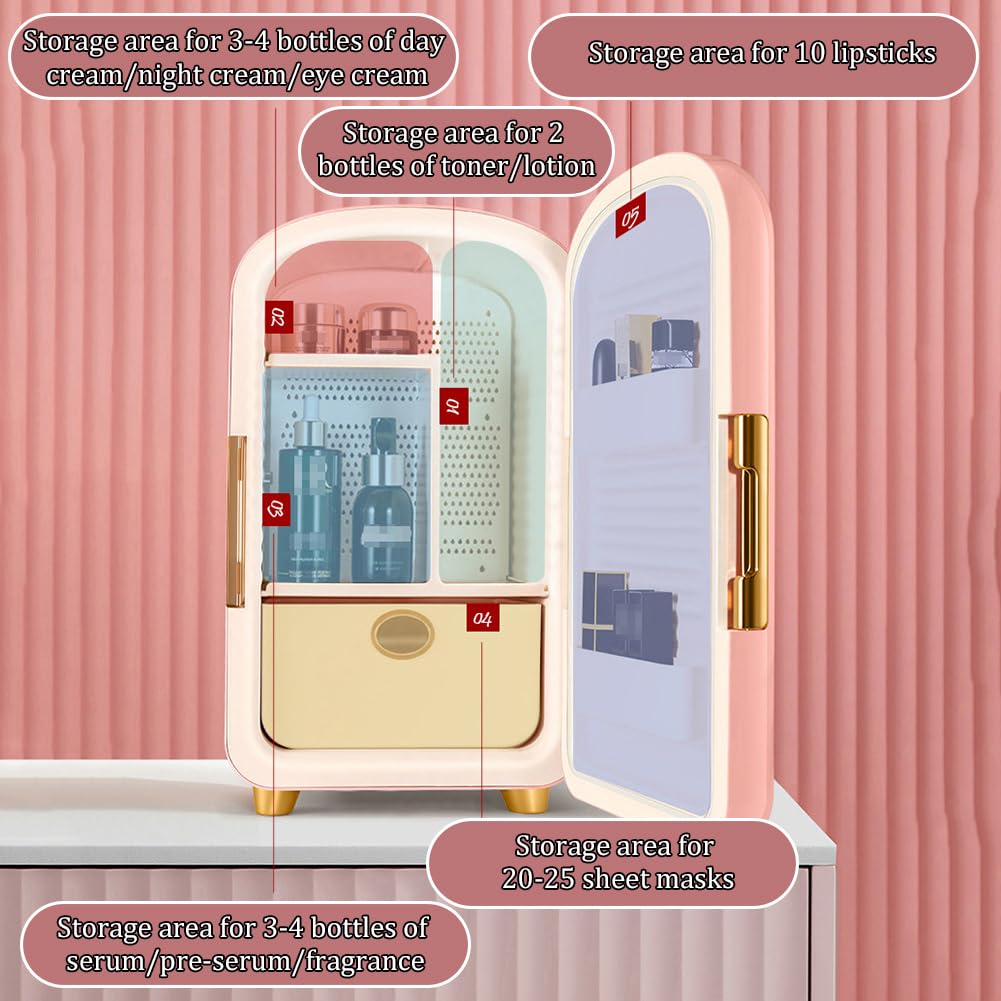 Mini Frigorifero Portatile per Cosmetici, Frigorifero per Cosmetici Domestici da 12 Litri, Temperatura Costante 8-18°C (46,4-64,4°F), Contenitore Caldo E Freddo da Tavolo,E