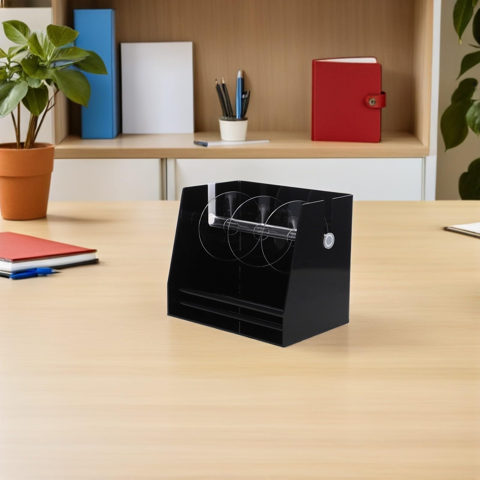 PACKOVE Distributeur de Rouleaux D'étiquettes Noir en Acrylique Porte-étiquettes Facile à Assembler, pour Bureaux Scolaires et Salles de Courrier