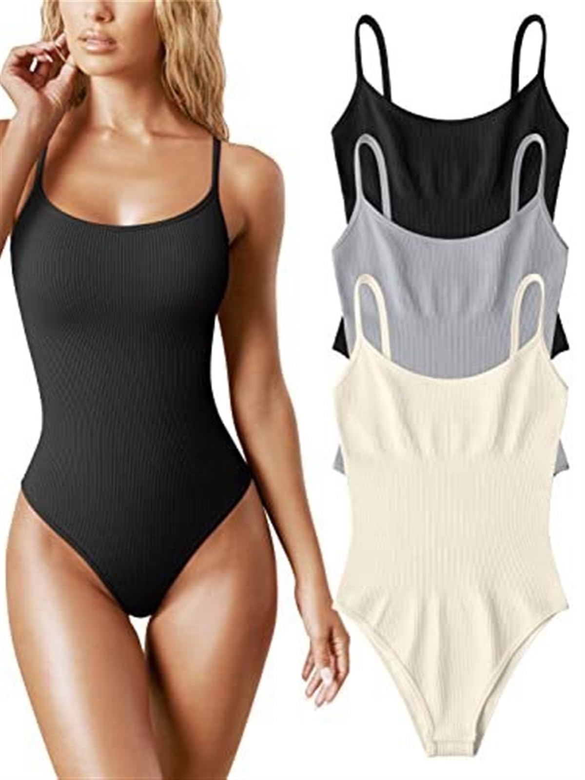 TTDGYYXW 3-teilige Damen-Bodys, sexy, gerippte, ärmellose Spaghetti-Streifen-Tops, Tanga-Shapewear-Bodys