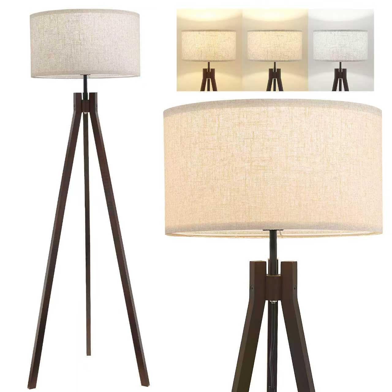 Photo 1 of ELYONA Wood Tripod Floor Lamp for Bedroom, 3 Color Temperatures & Linen Shade, Modern Reading Standing Lamp with 9W LED Bulb, Mid Century Night Light for Farmhouse, Living Room, Office, Walnut