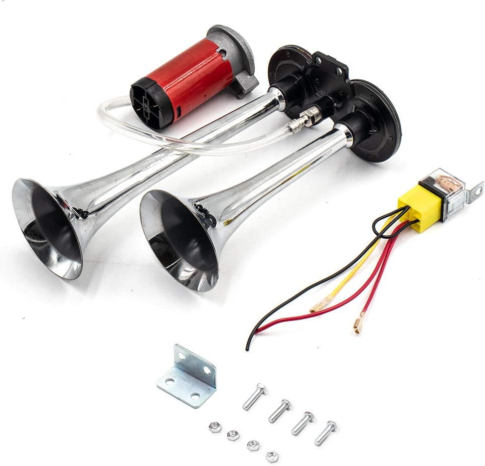 Bocina de aire comprimido de 12 V, trompeta doble, cromo y zinc, 150 dB, bomba de aire modificada eléctrica con compresor para tren, barcos, coches