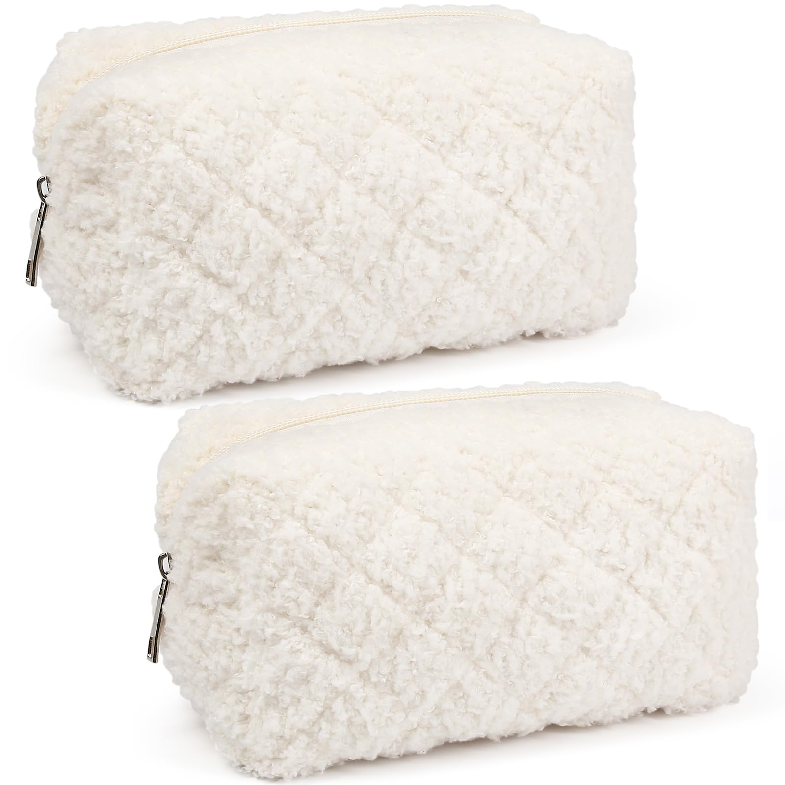 Fuzzy Makeup Bag, 2pcs Short Plush Cosmetic Bag Fluffy Quilted Makeup Pouch for Girls (Cream)