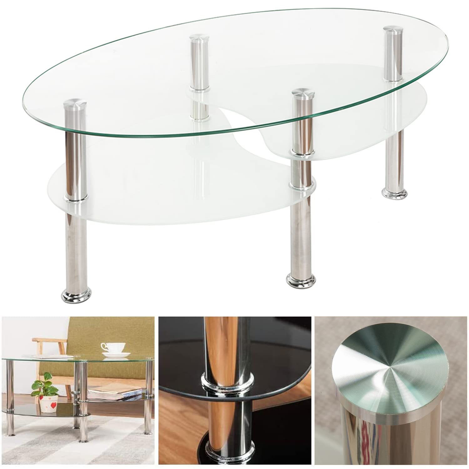 Amazon.co.jp: Simpolu ガラステーブル 楕円 3段 幅80cm 強化ガラス天