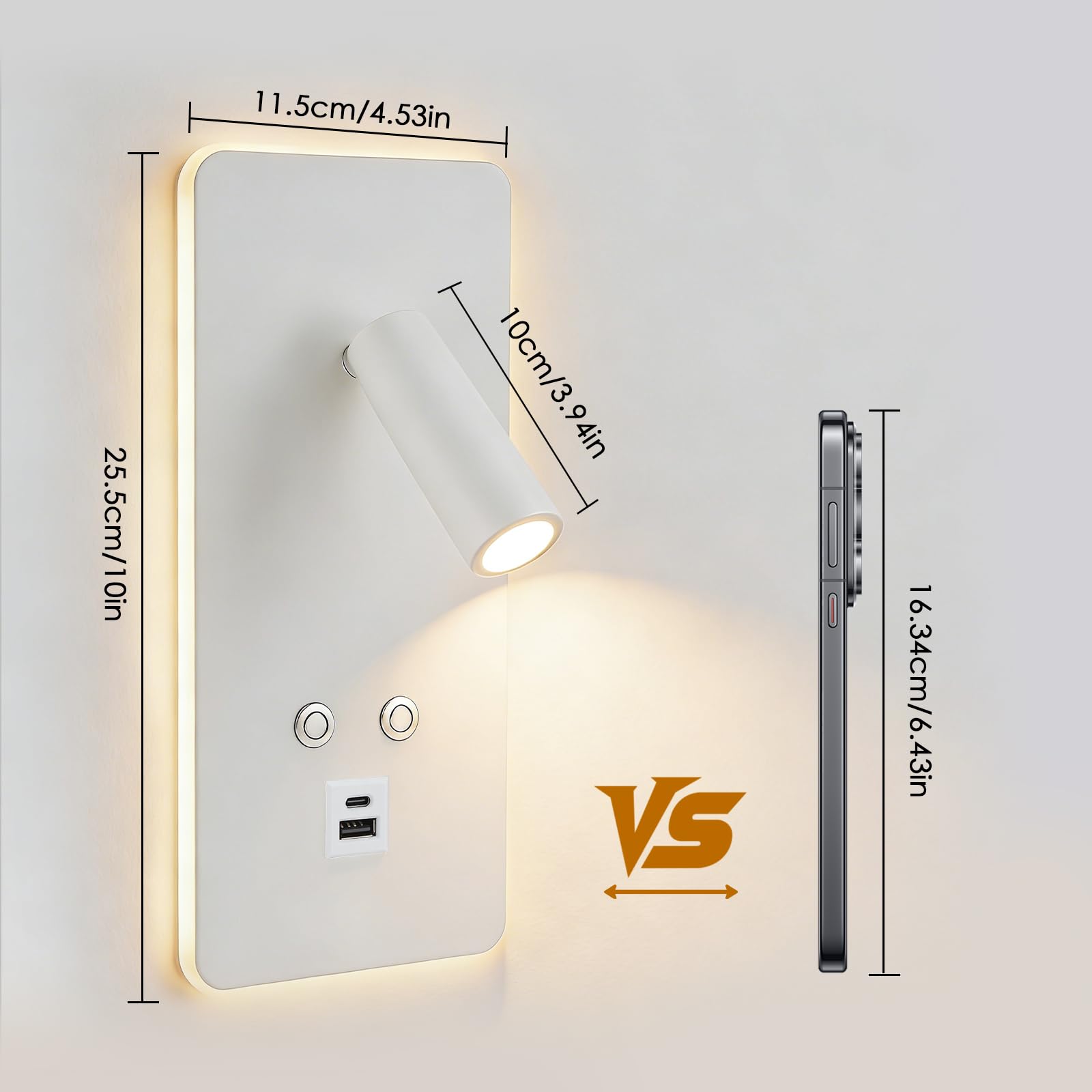 2 lampade da lettura a LED da parete lampada da lettura a intensità regolabile in continuo, lampada da parete con porta di ricarica USB e Type-C e interruttore per camera da letto, hotel(Bianco)