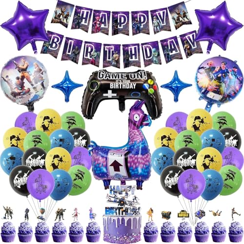 40PCS Video Game Foil Balloons Video Gaming Birthday Decoration with Birthday Banner Cake Decorations Game Foil Balloons Video Game Themed for Kids Gamers Lovers Party Party Supplies