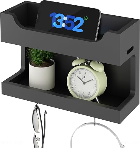 Miniatura 10 de NiHome Organizador Grande de Mesita de Noche de Madera para Montar en la Pared, Estantes de Almacenamiento Dobles y Ganchos Magnéticos, Estante de