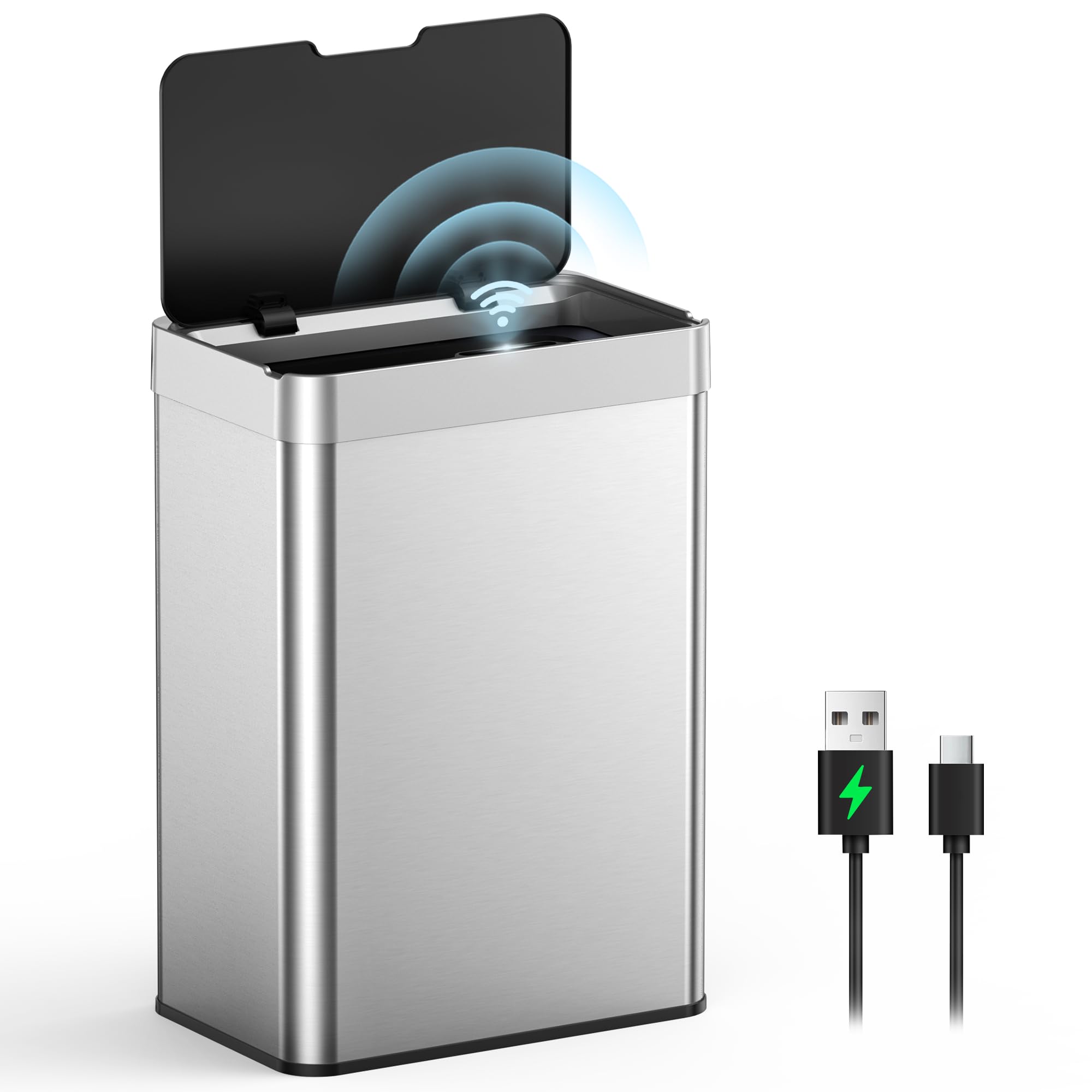 lovewind 55L Motion Sensor Kitchen Bin,Rechargeable Automatic Kitchen Bin with Type-C Charging,Touchless Stainless Steel Rubbish Bin,Soft Close Lid,Fingerprint Resistant Sensor Bin for Home & Office