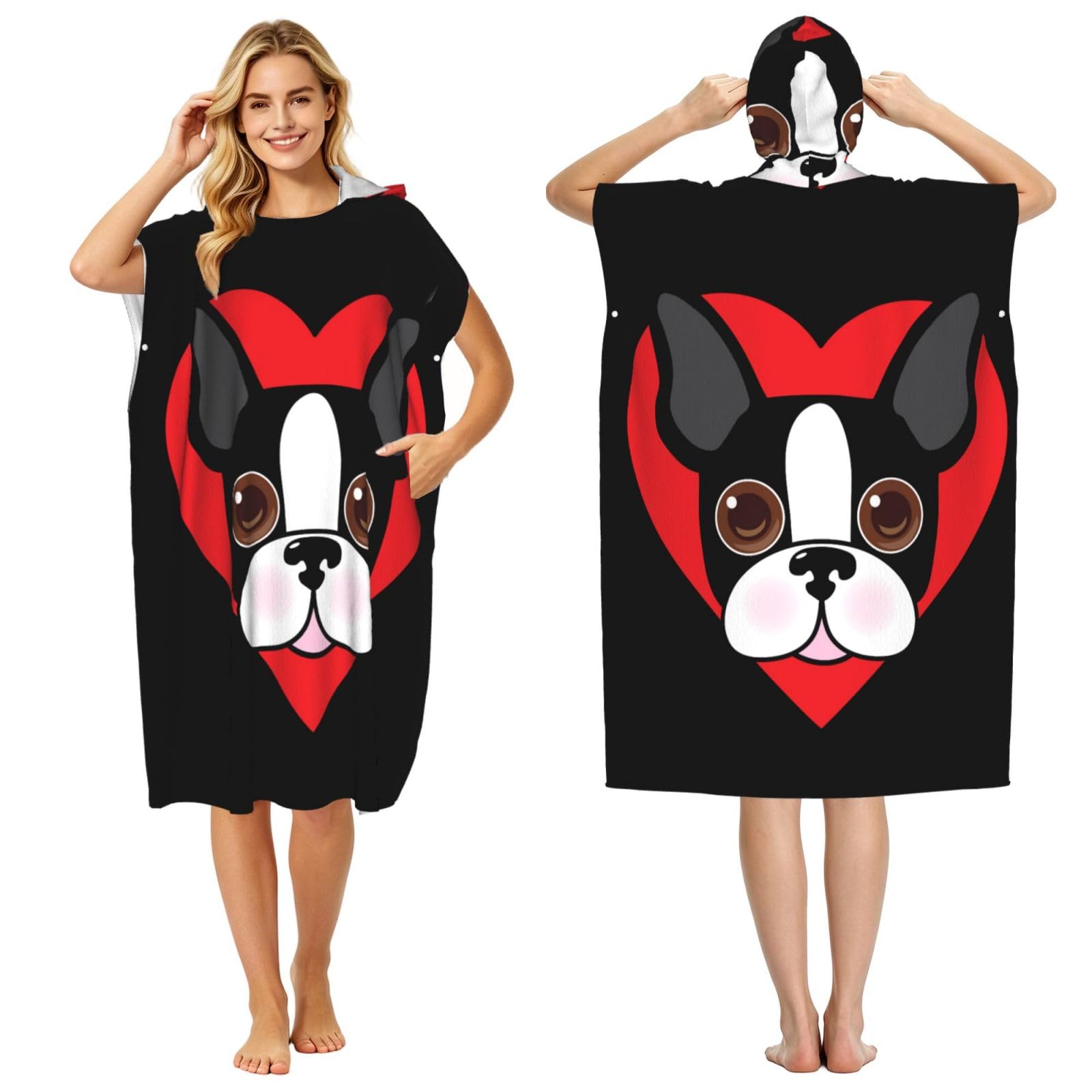 Poadnly Boston Terrier Face, Adult Hooded Beach Towel 90 x 110 cm,Changing Bath Robe, Surf Poncho Towel For Women Men