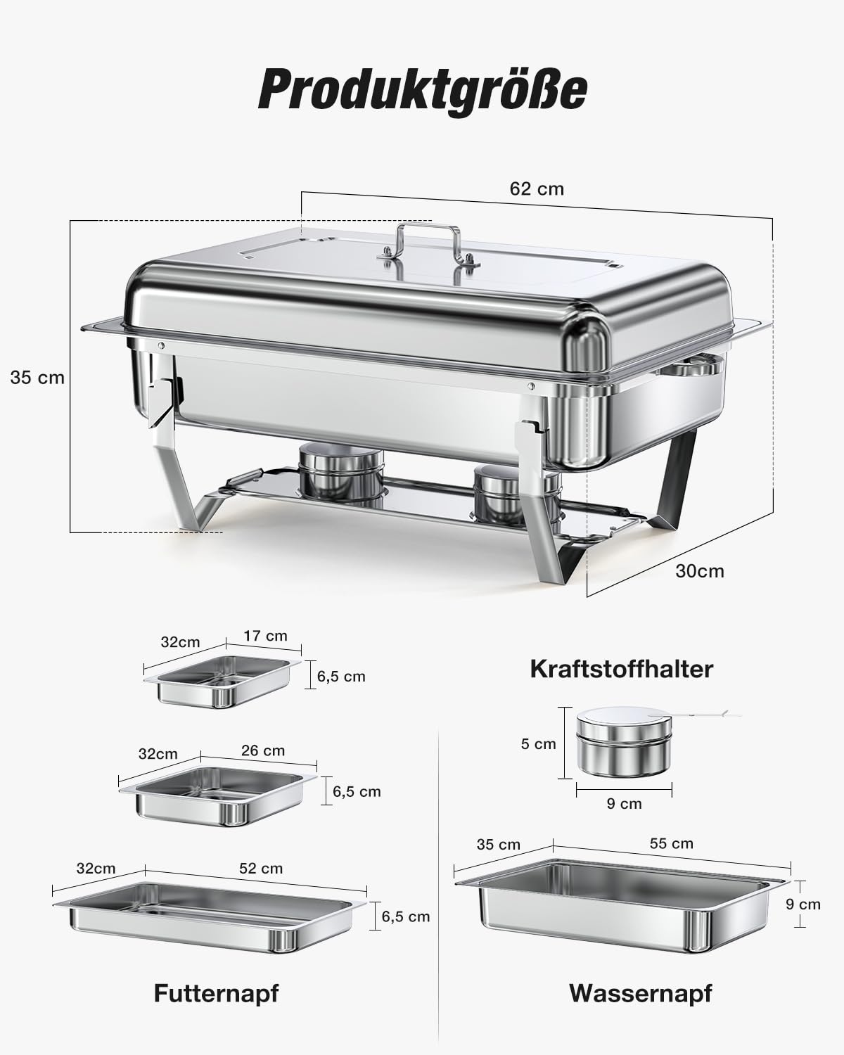 WARMOUNTS Chafing Dish Buffet Set 9L, Edelstahl Speisenwärmer für Catering, Hochglanzpoliert, Klappbarer Rahmen, Halterung, Großes Warmhaltebehälter für Party (4er Set 2x1+2x1/2+3x1/3 Einsätze)