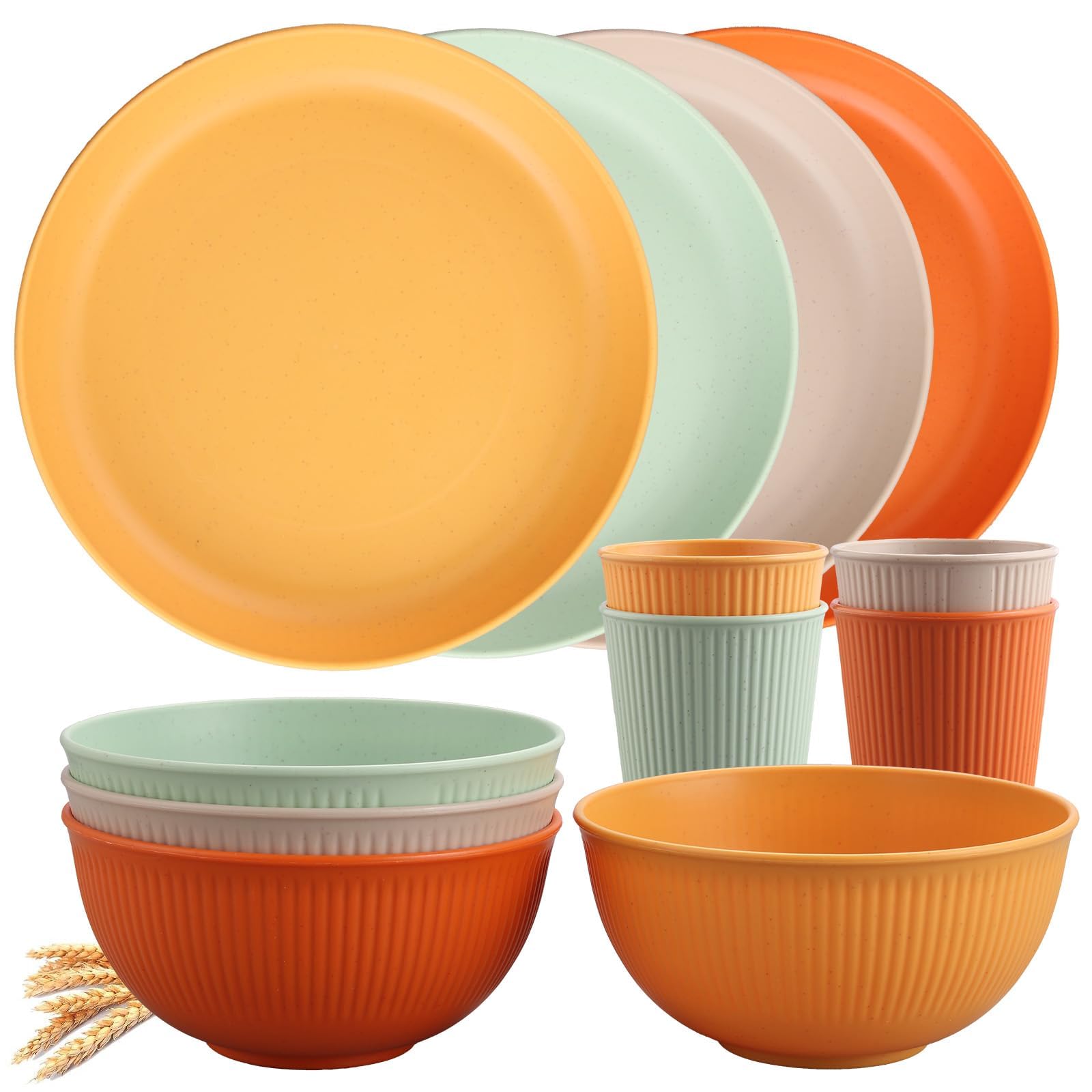 Tanice Camping Plates and Bowls Set for 4, 12-Piece Unbreakable Plastic Dinnerware, Microwave & Dishwasher Safe, Dinnerware Set with Pltaes, Bowls, Cups for Outdoor Picnic, RV, Travel Essentials