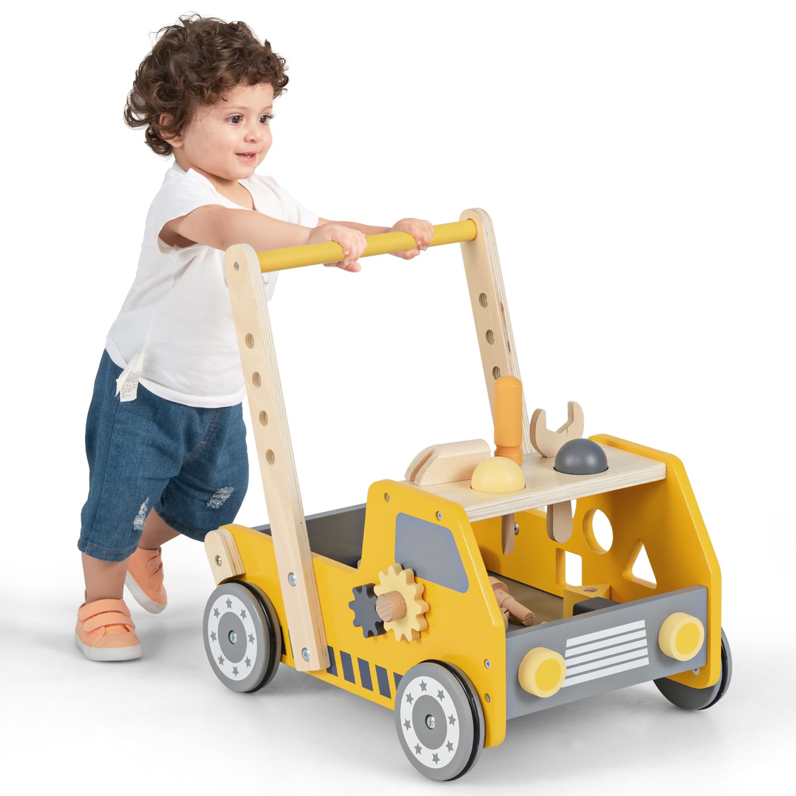 COSTWAY 2-in-1 Primi Passi per Bambini con Altezza Regolabile, Girello in Legno con Banco da Lavoro, Carrello da Spinta con Giocattoli Montessori, Velocità Regolabile, Spazio di Archiviazione