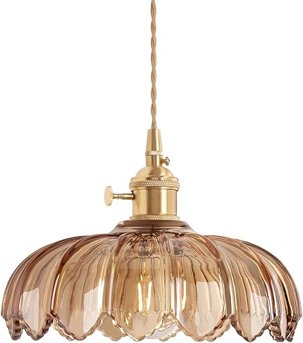 Lámpara colgante con pantalla de cristal ámbar Scindapsus de cristal, lámpara colgante vintage de latón, luz colgante ajustable para cocina, isla,