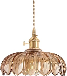 Pendant Light with Amber Scindapsus Glass Lmapshade, Brass Vintage Penda...