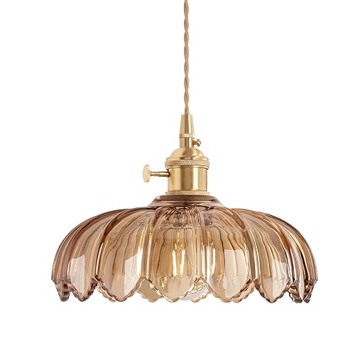 Pendant Light with Amber Scindapsus Glass Lmapshade, Brass Vintage Pendant