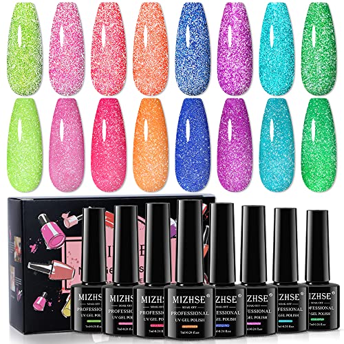MIZHSE Neon Reflective Gel Polish Set Reflective Glitter Gel Polish,Sparkly Shiny Disco Shimmer Nail Polish Gel Kit Fluorescent Bright UV LED Soak Off Nail Gel Polish for DIY Nail Art Salon (Neon Reflective Gel Set01)